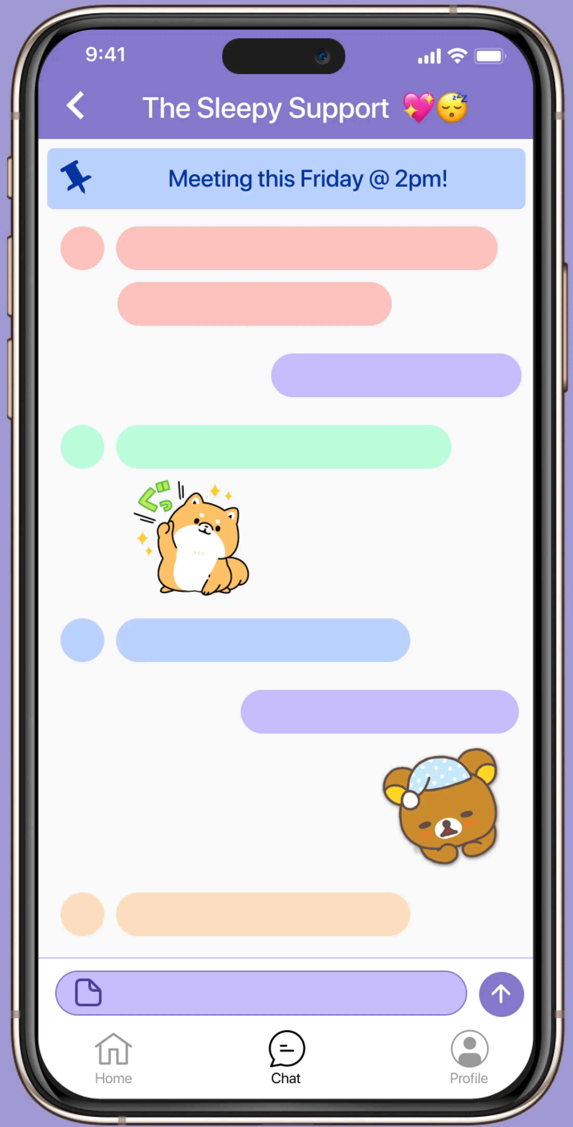 mobile phone prototype with high-fidelity wireframe of support group chat with multiple users messaging and chatting with one another